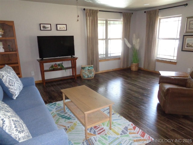 living area featuring baseboards, a healthy amount of sunlight, and wood finished floors