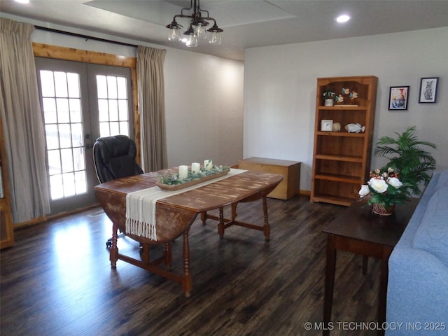 dining area with french doors, dark wood-style floors, and a wealth of natural light