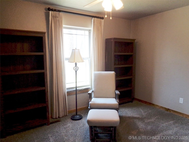 unfurnished room with a wealth of natural light, ceiling fan, and carpet floors