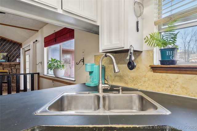 details featuring decorative backsplash, white cabinets, and a sink