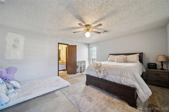 bedroom featuring a ceiling fan, visible vents, carpet floors, a textured ceiling, and connected bathroom