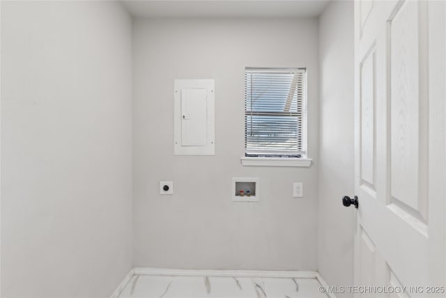 laundry room featuring marble finish floor, washer hookup, electric panel, hookup for an electric dryer, and laundry area