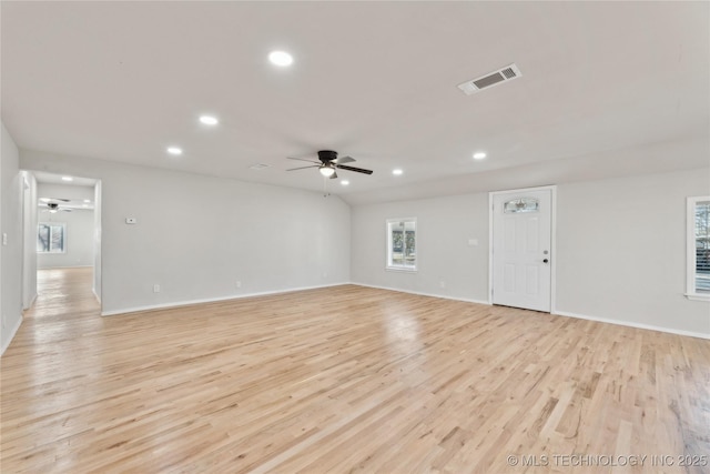 unfurnished living room featuring recessed lighting, visible vents, light wood-style floors, and a ceiling fan