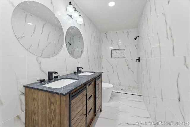 bathroom with a sink, toilet, marble finish floor, and double vanity