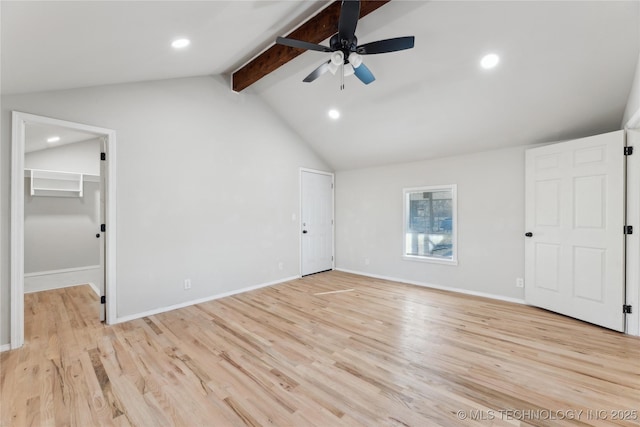 unfurnished bedroom with recessed lighting, vaulted ceiling with beams, light wood-type flooring, and baseboards