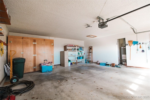 garage with a garage door opener and water heater