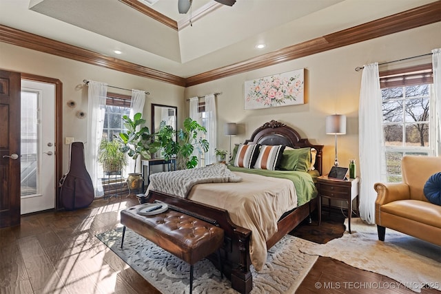 bedroom with hardwood / wood-style floors, access to exterior, a ceiling fan, and ornamental molding