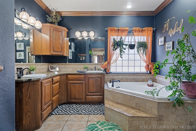 full bath featuring tile patterned floors, ornamental molding, a sink, double vanity, and a bath