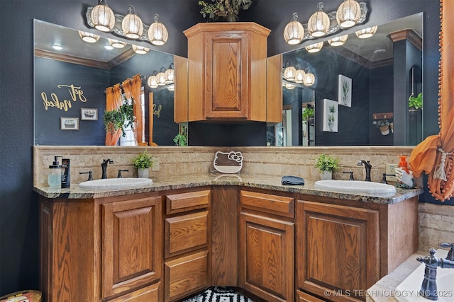 full bathroom with double vanity, tasteful backsplash, and a sink