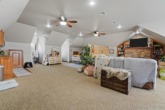 carpeted bedroom with visible vents, recessed lighting, a ceiling fan, and vaulted ceiling