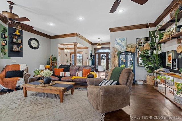 living room featuring recessed lighting, ornamental molding, a ceiling fan, and wood finished floors