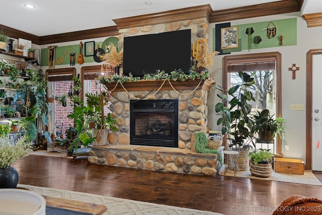 living area featuring a fireplace, wood finished floors, and ornamental molding