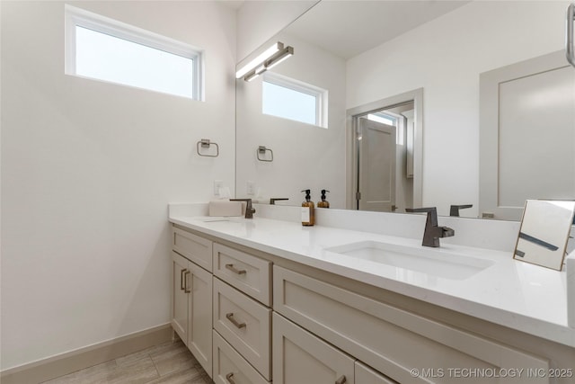 bathroom featuring double vanity, wood finished floors, baseboards, and a sink