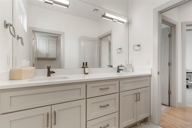 bathroom featuring double vanity, wood finished floors, and a sink