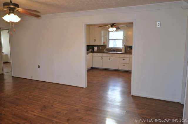 kitchen with dark wood finished floors, a textured ceiling, a ceiling fan, and a sink