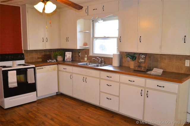 kitchen with a sink, backsplash, range with electric stovetop, dark wood-style floors, and white dishwasher