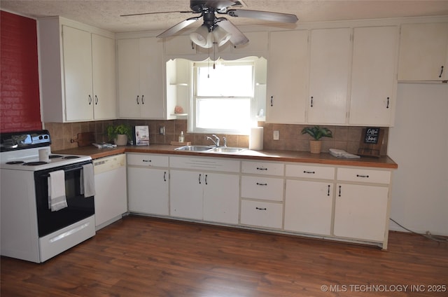 kitchen featuring backsplash, ceiling fan, range with electric stovetop, white dishwasher, and a sink