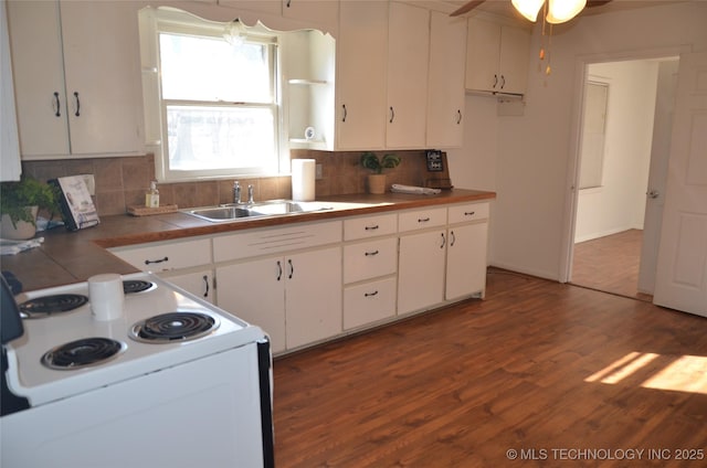 kitchen featuring a sink, white cabinetry, wood finished floors, and electric stove