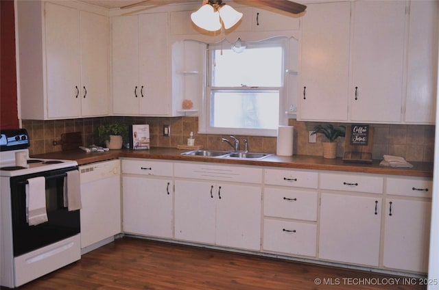 kitchen with ceiling fan, white appliances, backsplash, and a sink