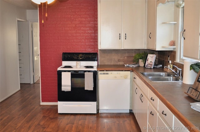 kitchen with electric range, a sink, white cabinets, white dishwasher, and dark wood-style flooring