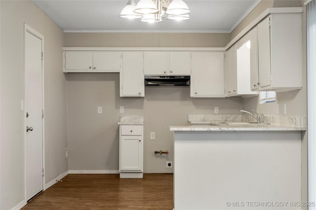 kitchen with dark wood-type flooring, under cabinet range hood, light countertops, white cabinetry, and a sink