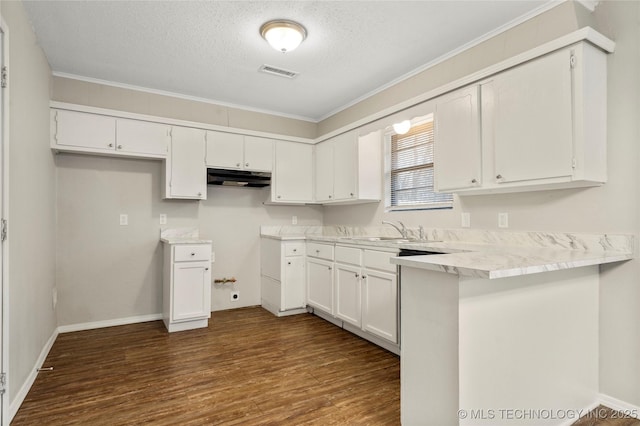 kitchen with visible vents, dark wood-type flooring, under cabinet range hood, a sink, and white cabinets