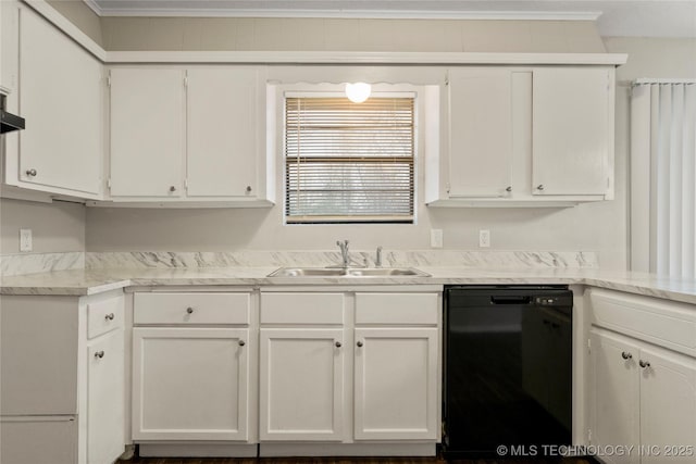 kitchen featuring white cabinetry, light countertops, black dishwasher, and a sink