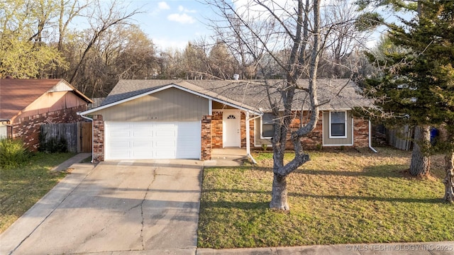 view of front facade with brick siding, driveway, an attached garage, and a front yard