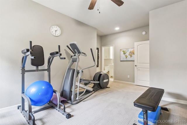 workout room featuring recessed lighting, baseboards, carpet, and ceiling fan