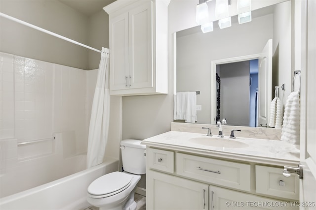 full bathroom with vanity, shower / bathtub combination with curtain, and toilet