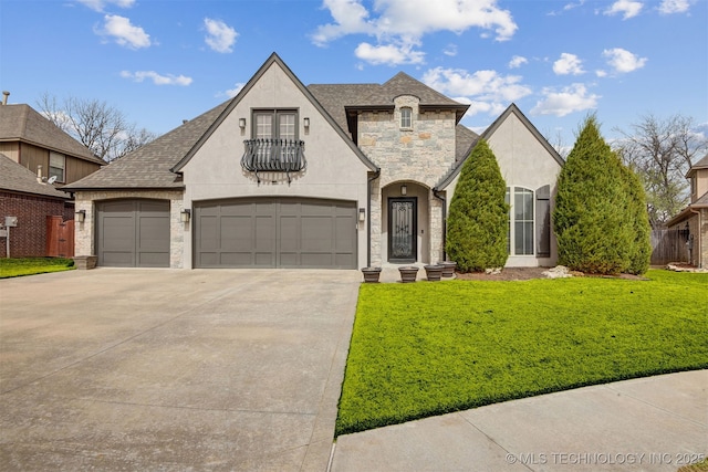 french country inspired facade featuring a front lawn, stone siding, concrete driveway, a garage, and stucco siding
