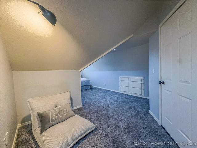 bonus room with baseboards, a textured ceiling, lofted ceiling, and carpet flooring