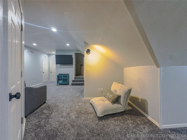 sitting room with recessed lighting, baseboards, carpet floors, and vaulted ceiling