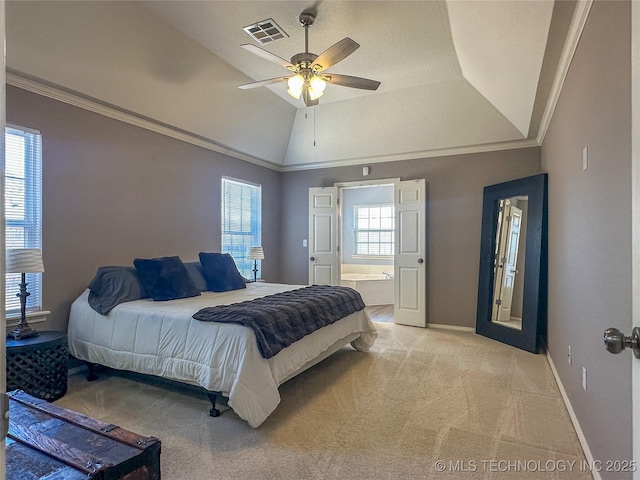 bedroom featuring light carpet, visible vents, multiple windows, and ornamental molding