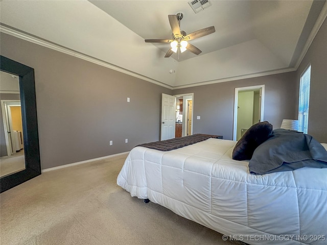 bedroom with crown molding, visible vents, and carpet floors