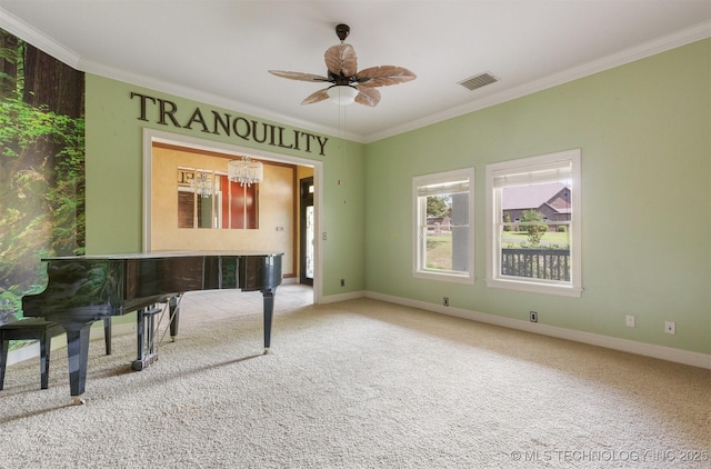 unfurnished room with crown molding, carpet, visible vents, and baseboards