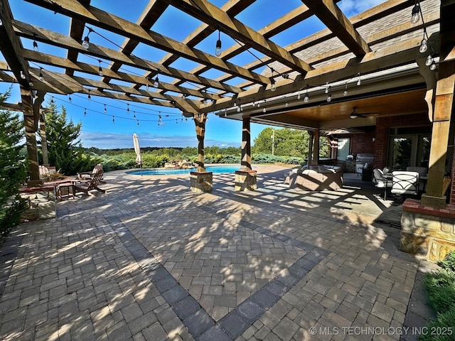 view of patio / terrace featuring an outdoor pool, a pergola, and ceiling fan