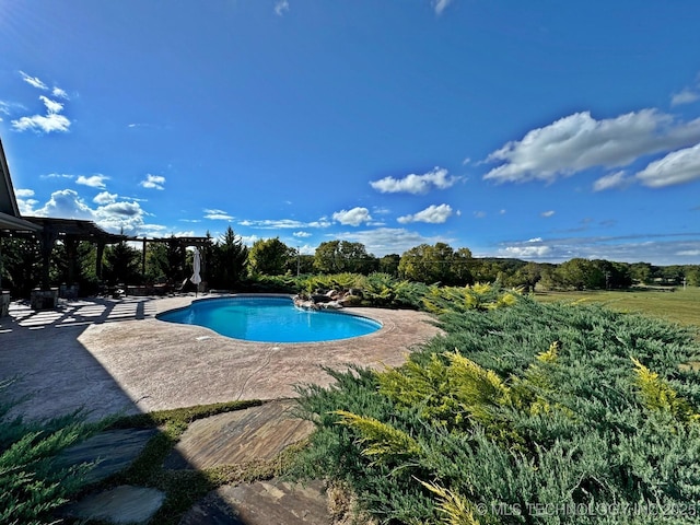 pool with a pergola and a patio area