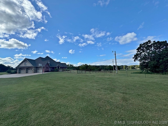 view of yard featuring a garage and fence