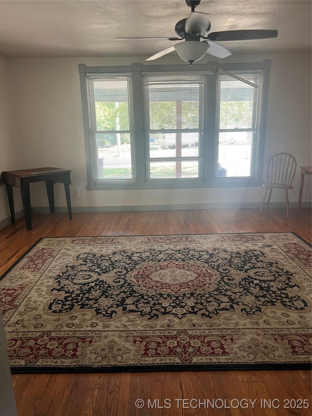 interior space with a ceiling fan, wood finished floors, baseboards, and a textured ceiling