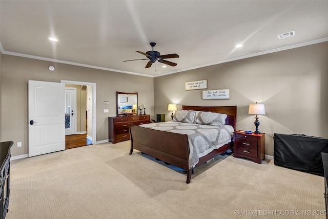bedroom with recessed lighting, baseboards, visible vents, crown molding, and light colored carpet