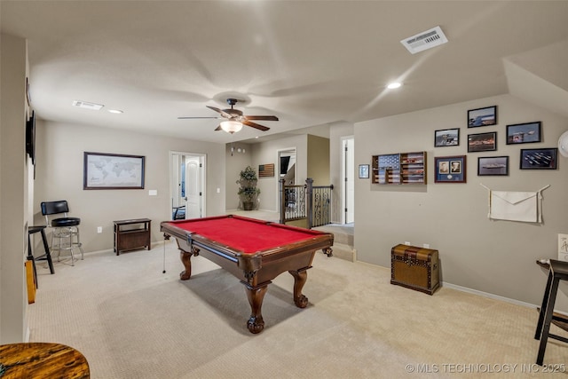 game room featuring light colored carpet, billiards, visible vents, and ceiling fan