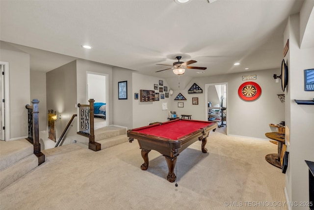 game room featuring light colored carpet, billiards, ceiling fan, and recessed lighting