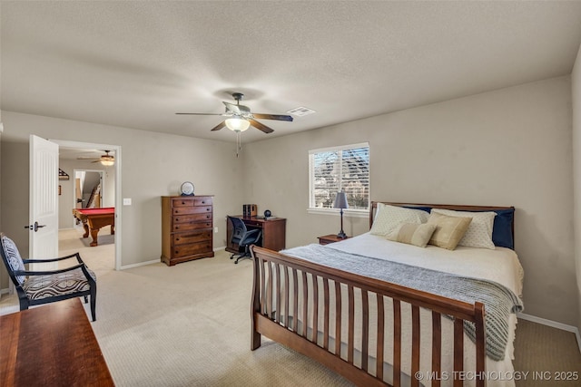 bedroom featuring billiards, light carpet, baseboards, and visible vents