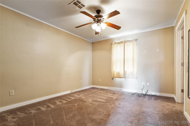5690 E 570th Rd, Rose, OK 74364 - carpeted spare room with visible vents, baseboards, a ceiling fan, and crown molding