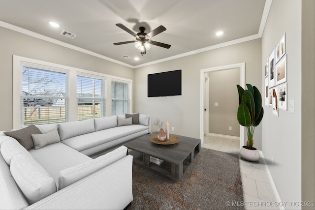 living area with a ceiling fan, visible vents, baseboards, crown molding, and marble finish floor