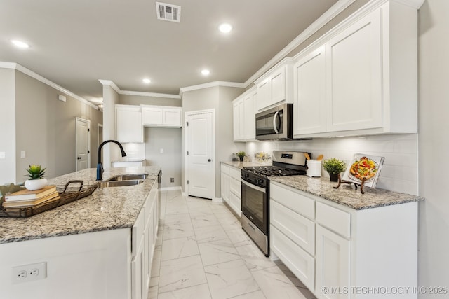 kitchen with visible vents, marble finish floor, a sink, recessed lighting, and stainless steel appliances