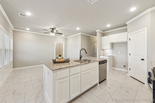 kitchen with a sink, visible vents, stainless steel dishwasher, and marble finish floor