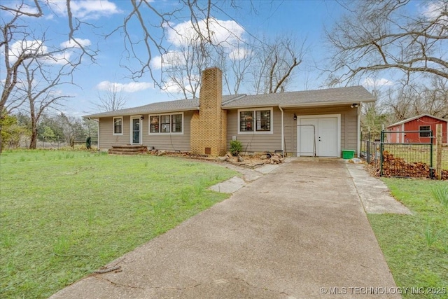 420722 E 1920th Rd, Antlers, OK 74523 - view of front of house featuring concrete driveway, a chimney, a front lawn, and fence