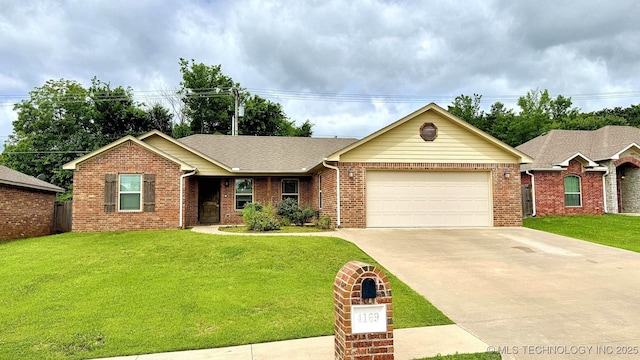 4169 Highland Dr, Tahlequah, OK 74464 - ranch-style home featuring an attached garage, driveway, a front yard, brick siding, and roof with shingles